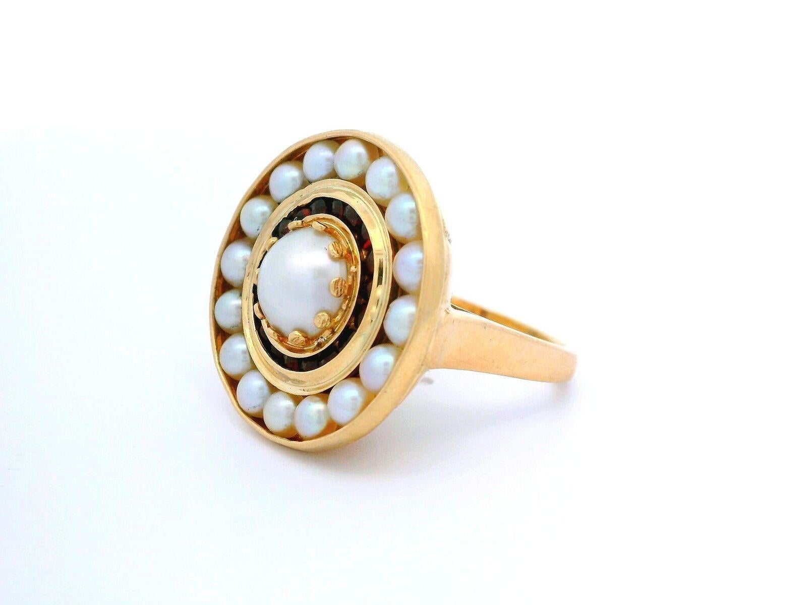 Round Cut Vintage 14k Yellow Gold Cultured Pearl & Garnet Round Platter Target Ring For Sale