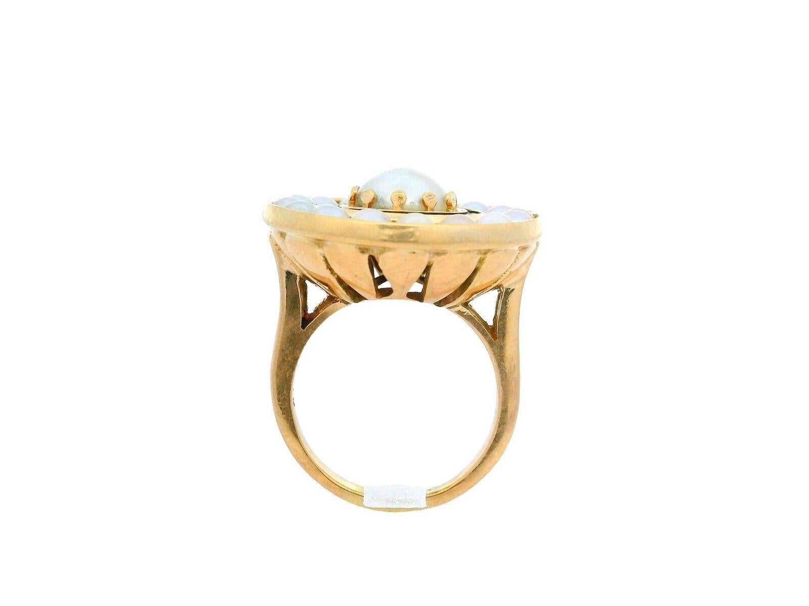 Vintage 14k Yellow Gold Cultured Pearl & Garnet Round Platter Target Ring In Excellent Condition For Sale In Montclair, NJ
