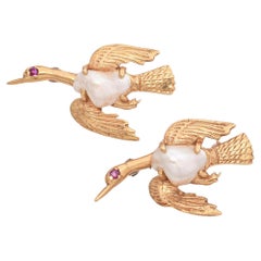 Vintage 14K Yellow Gold Cultured Pearl & Ruby Flying Goose Brooch - Pair of Two