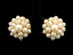 Vintage 14k Yellow Gold Cultured Pearl Sputnik Round Button Clip-on Earrings