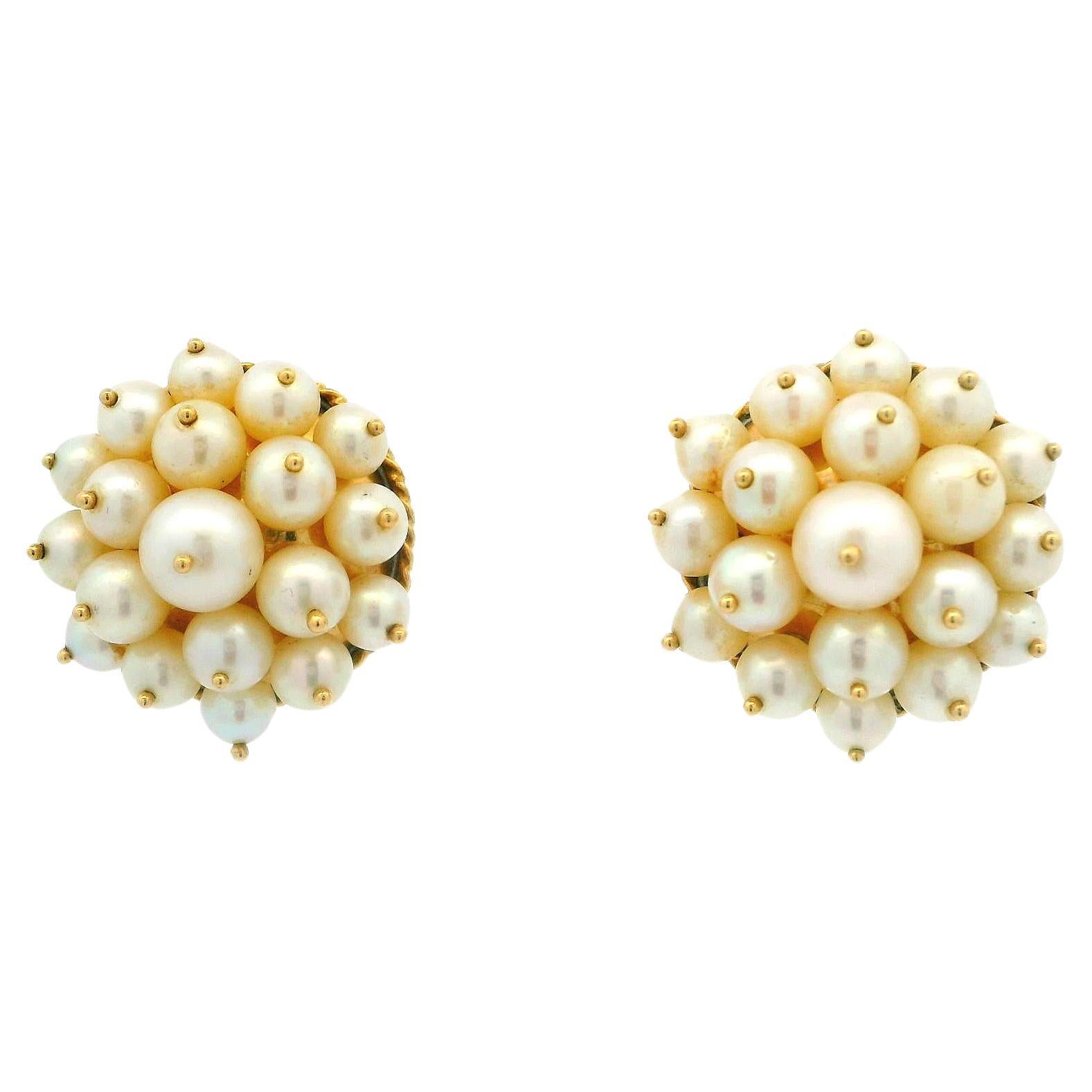 Vintage 14k Yellow Gold Cultured Pearl Sputnik Round Button Clip-on Earrings