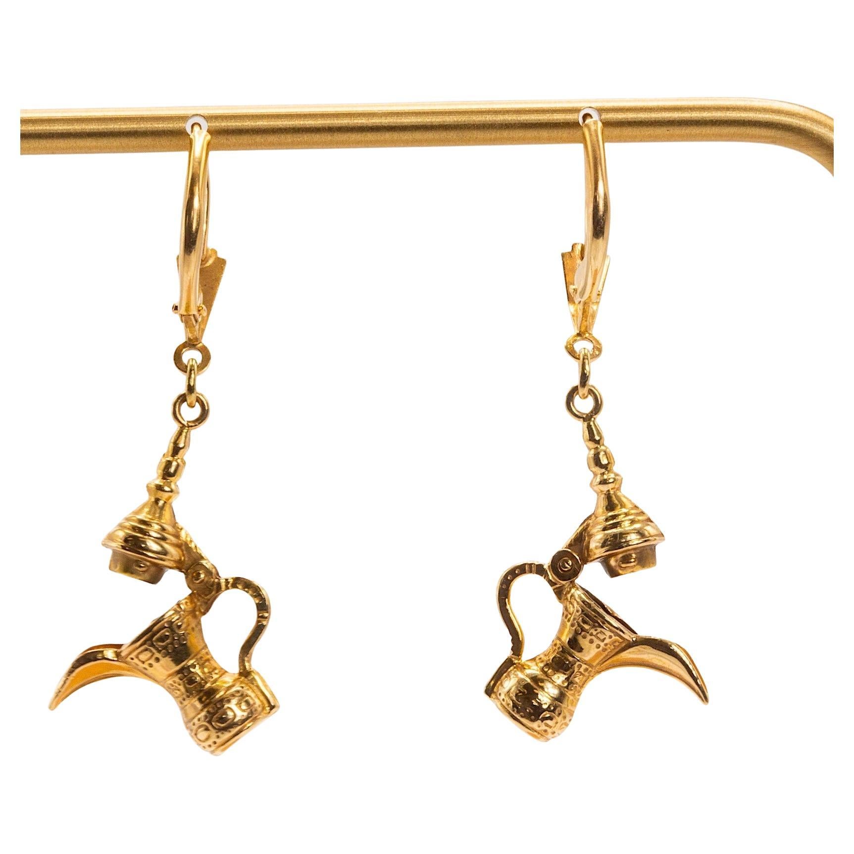 Vintage 14k Yellow Gold Dallah Pitcher Dangle Earrings