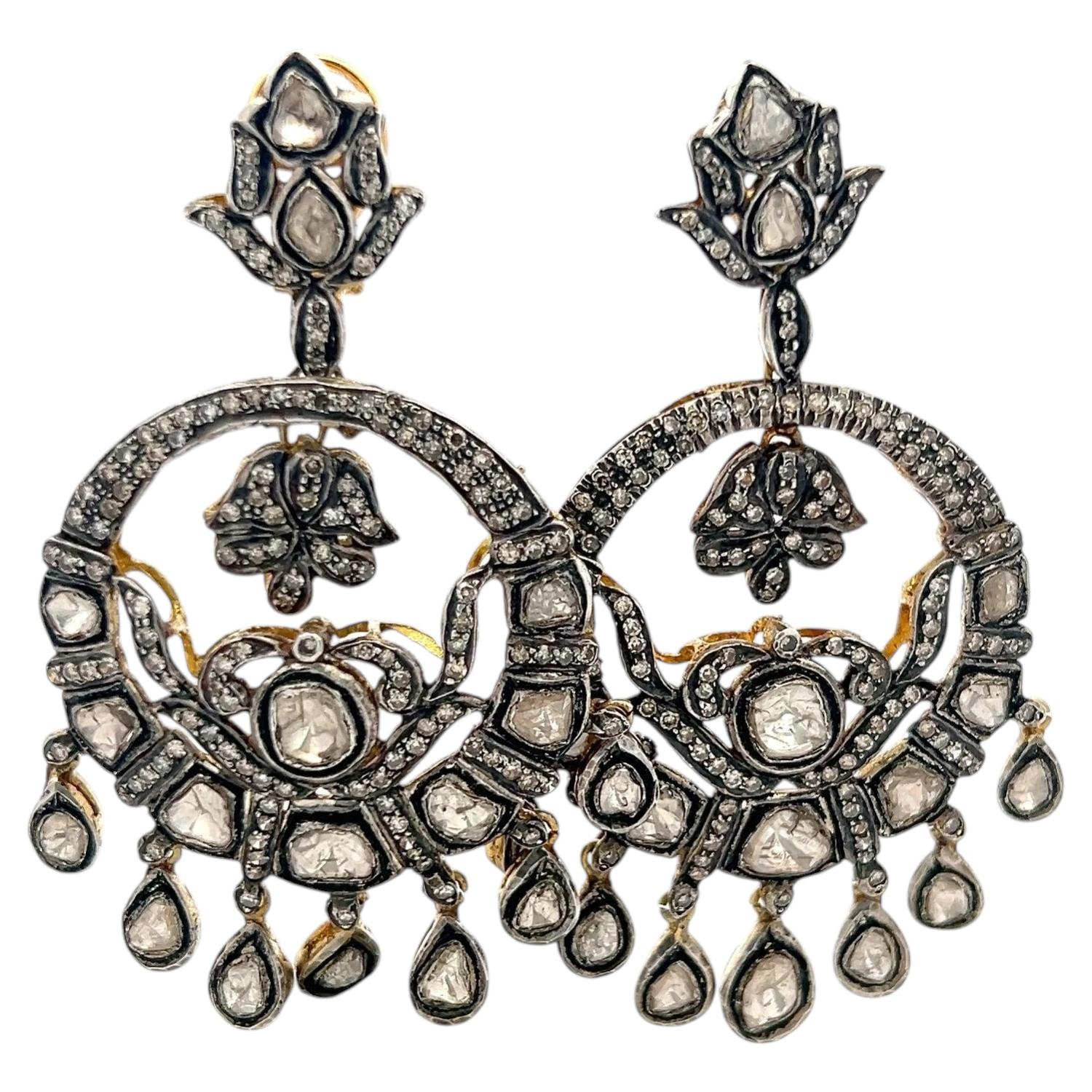 Vintage 14K Yellow Gold Dangling Earrings with Rose Cut White Sapphires For Sale
