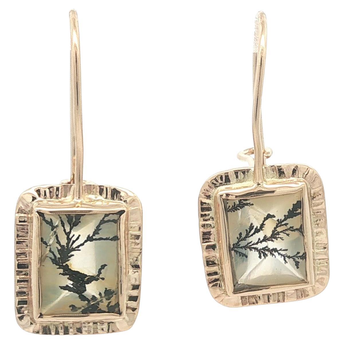 Vintage 14k Yellow Gold Dendritic Agate Nature Theme Dangle Drop Earrings