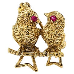 Vintage 14k Yellow Gold Detailed Textured Two Love Birds Pin Brooch