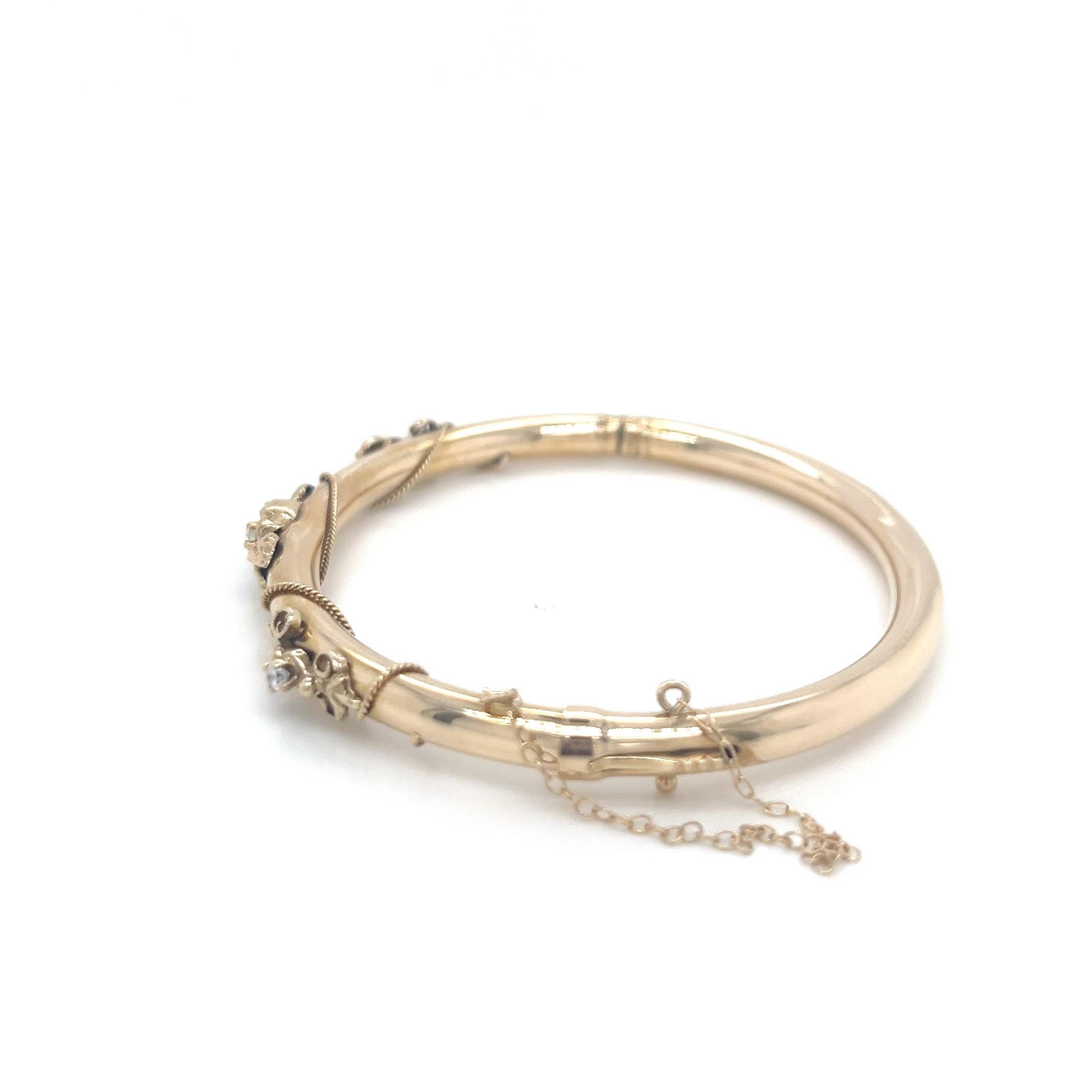 Round Cut Vintage 14K Yellow Gold Diamond Accented Retro Bangle For Sale