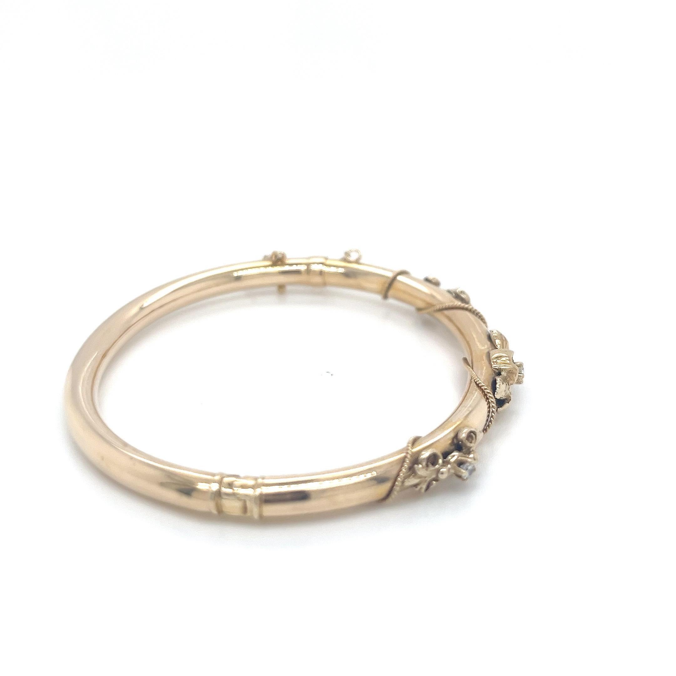 Women's Vintage 14K Yellow Gold Diamond Accented Retro Bangle For Sale