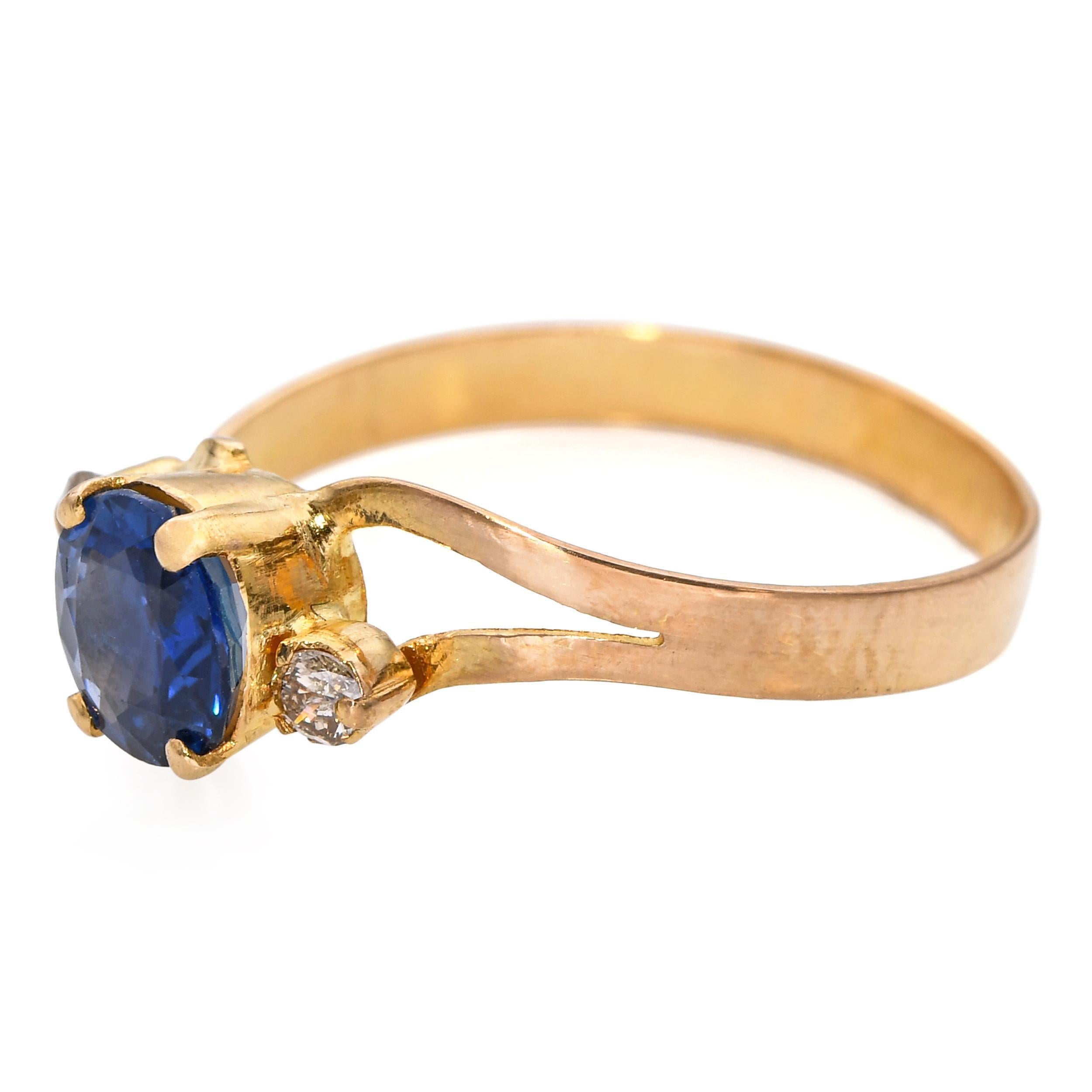 Bague vintage en or jaune 14k avec diamant et saphir 0.65ct Bon état - En vente à New York, NY