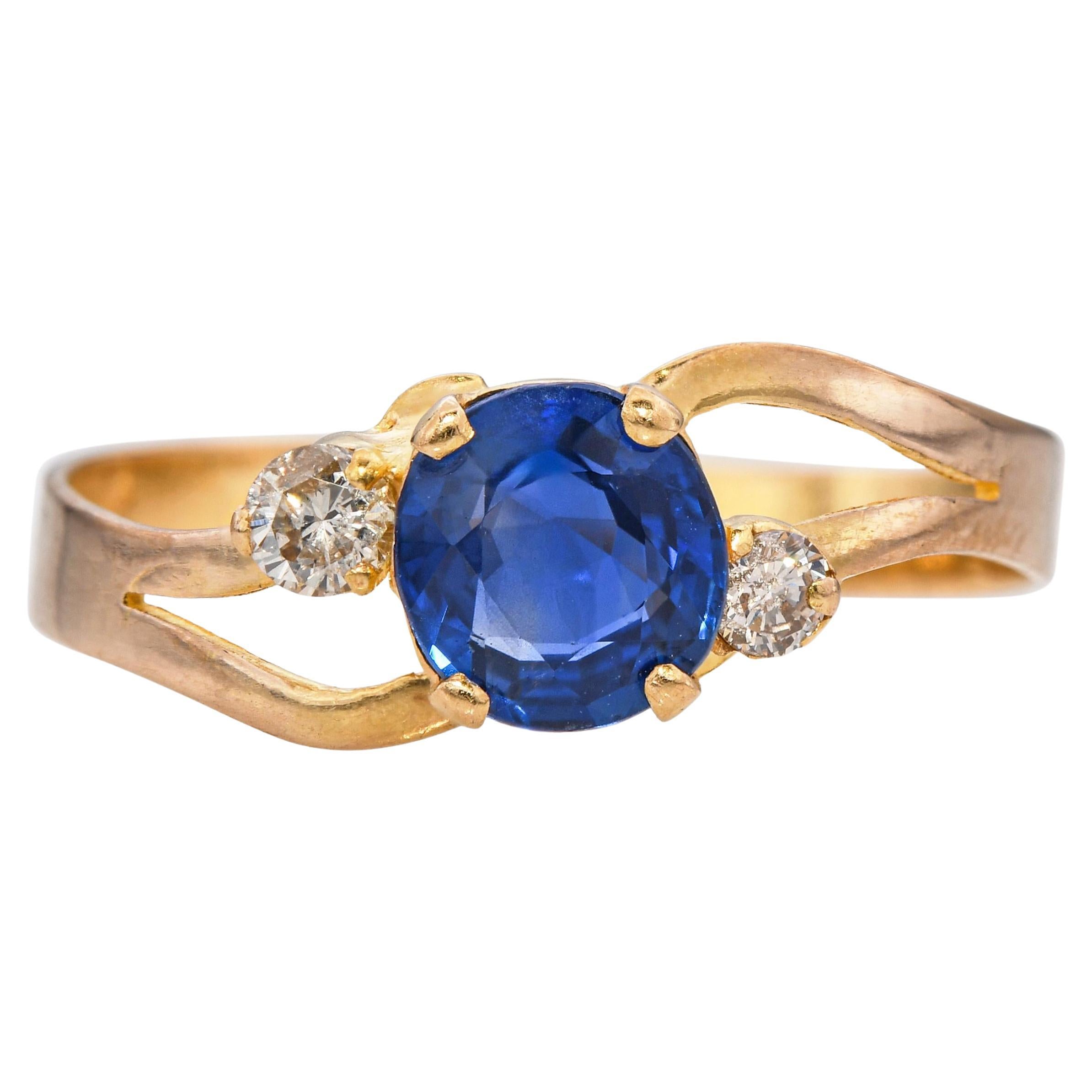Bague vintage en or jaune 14k avec diamant et saphir 0.65ct