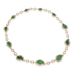 Collar vintage de oro amarillo de 14k con diamantes y eslabones en forma de hoja de jadeíta tallada