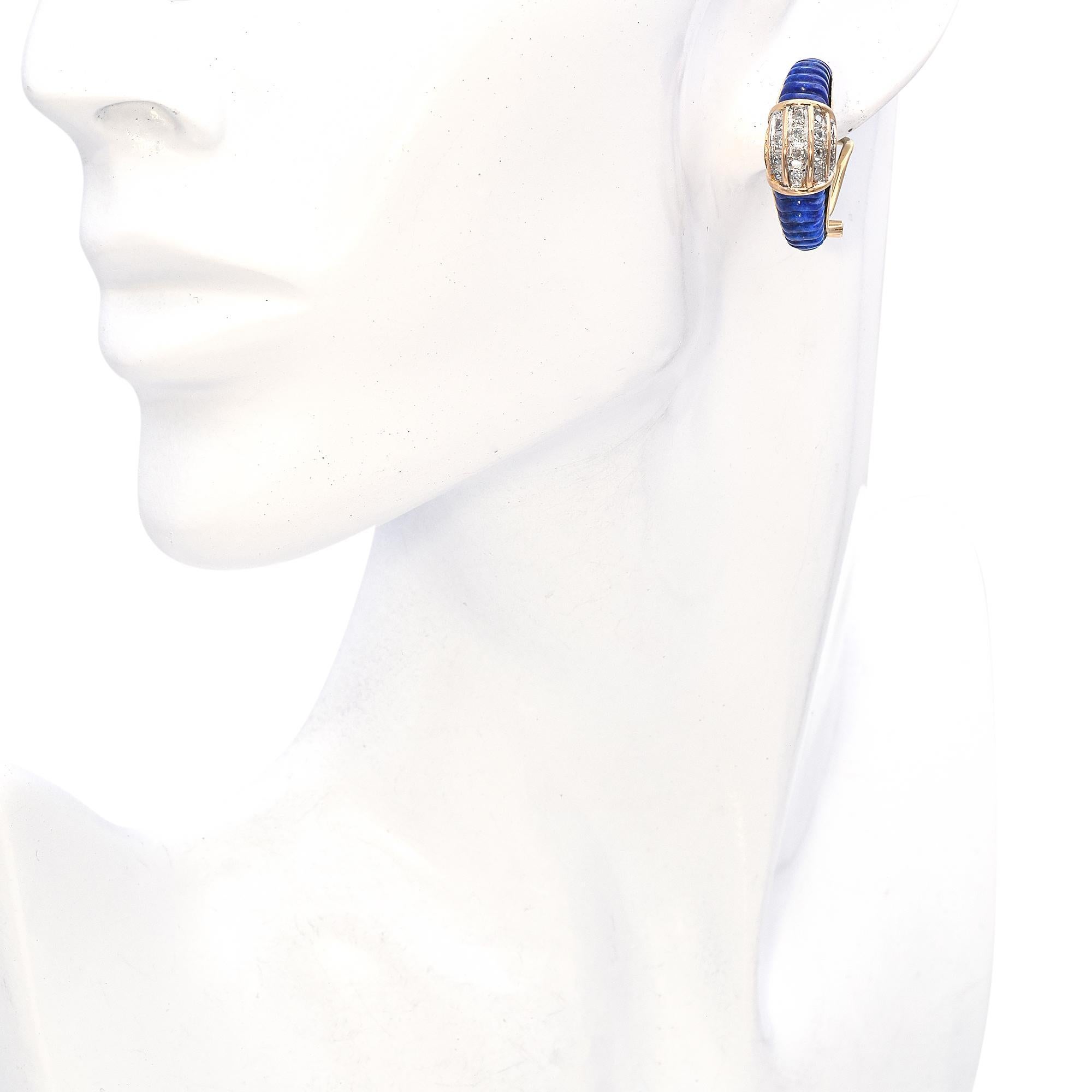 A pair of exquisite earrings featuring vibrant blue lapis lazuli and sparkling diamonds, elegantly set in a luxurious gold framework.

Weight: 12.2 grams 
Stone: 0.66tcw Diamonds, Carved Lapis Lazuli 
Measurements: 23.7 x 8.8 x 8.1 mm 
Hallmark: 585