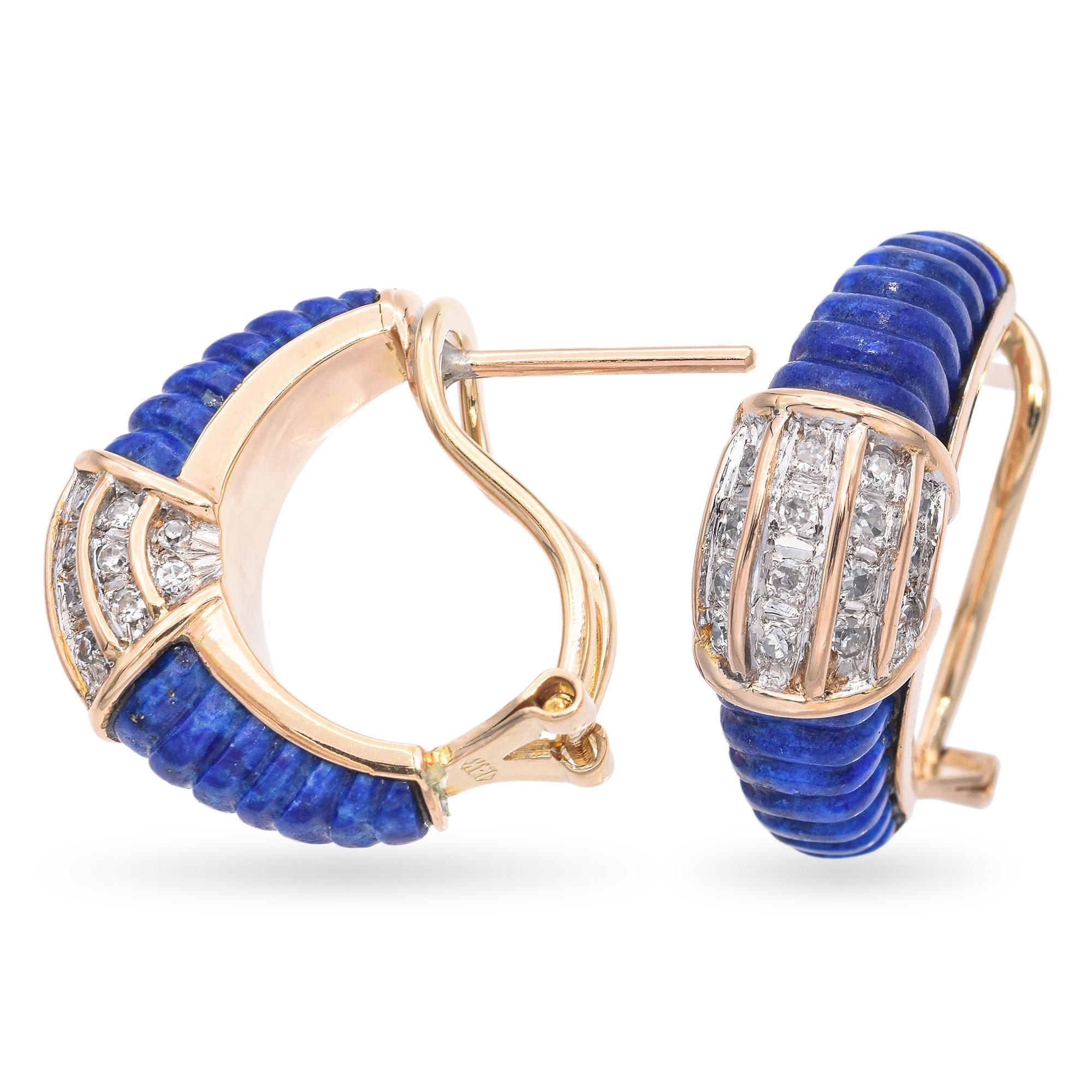 Round Cut Vintage 14k Yellow Gold Diamond and Carved Lapis Lazuli Half Hoop Earrings