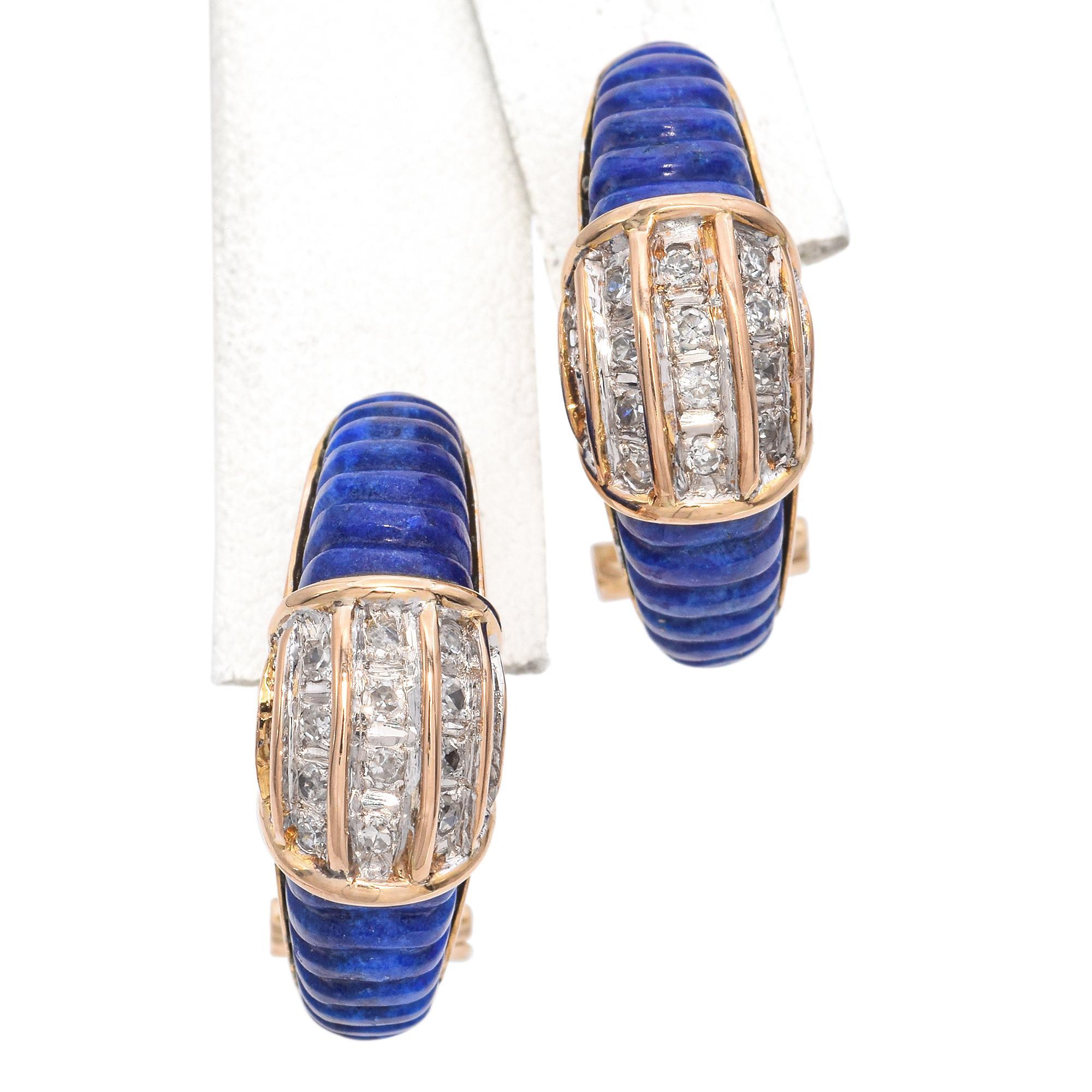 Women's Vintage 14k Yellow Gold Diamond and Carved Lapis Lazuli Half Hoop Earrings