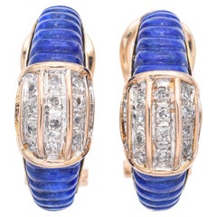 Vintage 14k Yellow Gold Diamond and Carved Lapis Lazuli Half Hoop Earrings