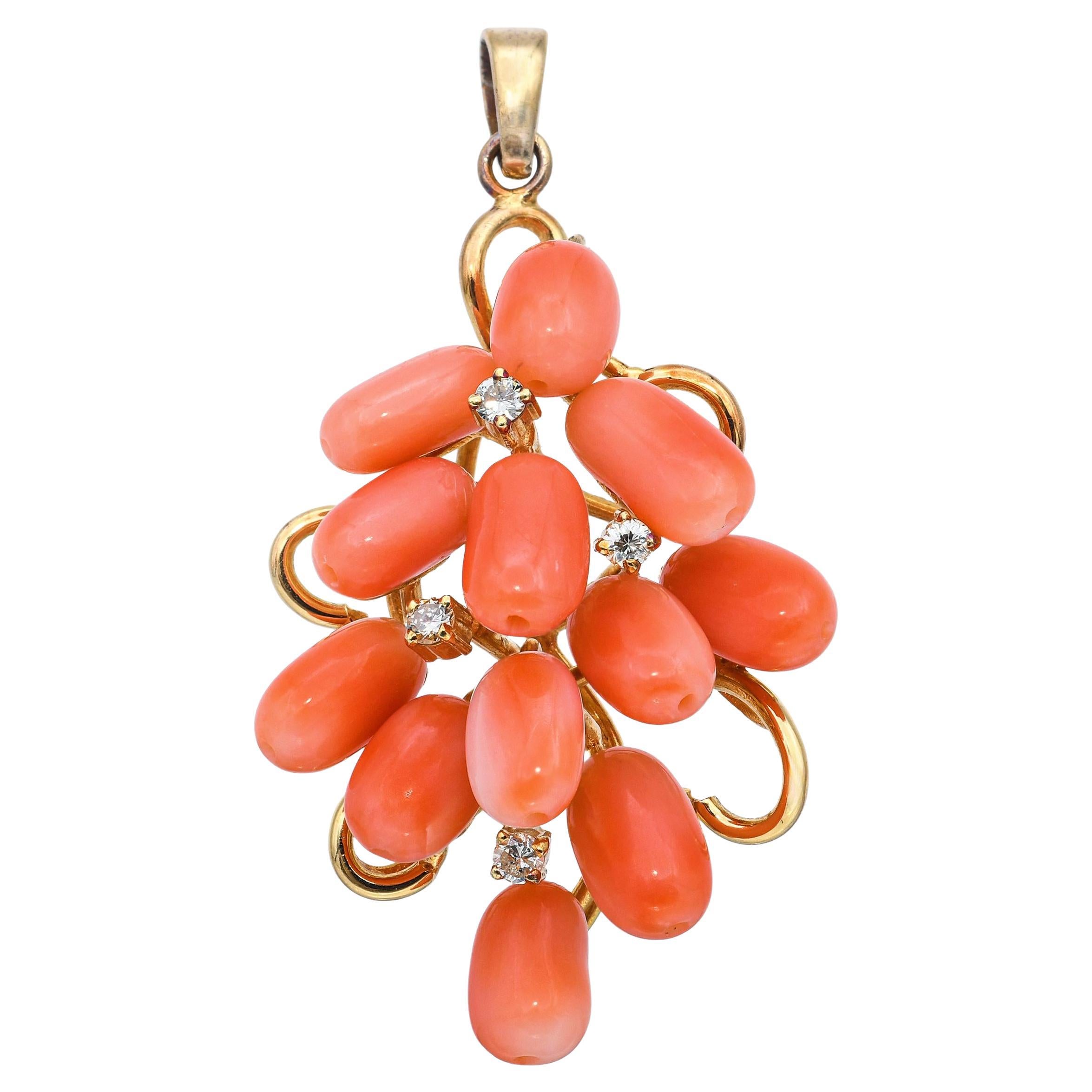 Vintage 14k Yellow Gold Diamond and Coral Cluster Pendant
