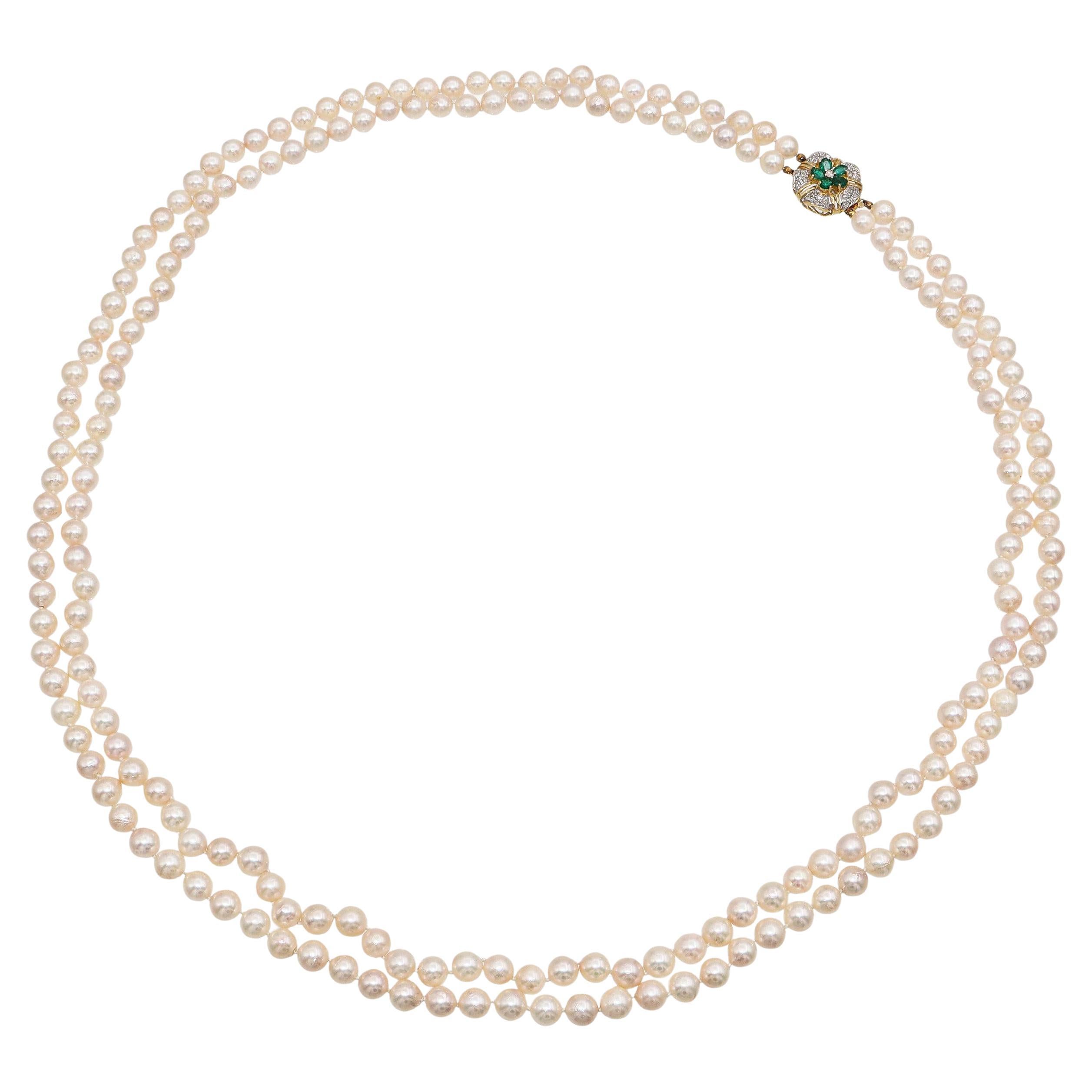 Vintage 14k Yellow Gold Diamond and Emerald Beaded Double Pearl Strand Necklace