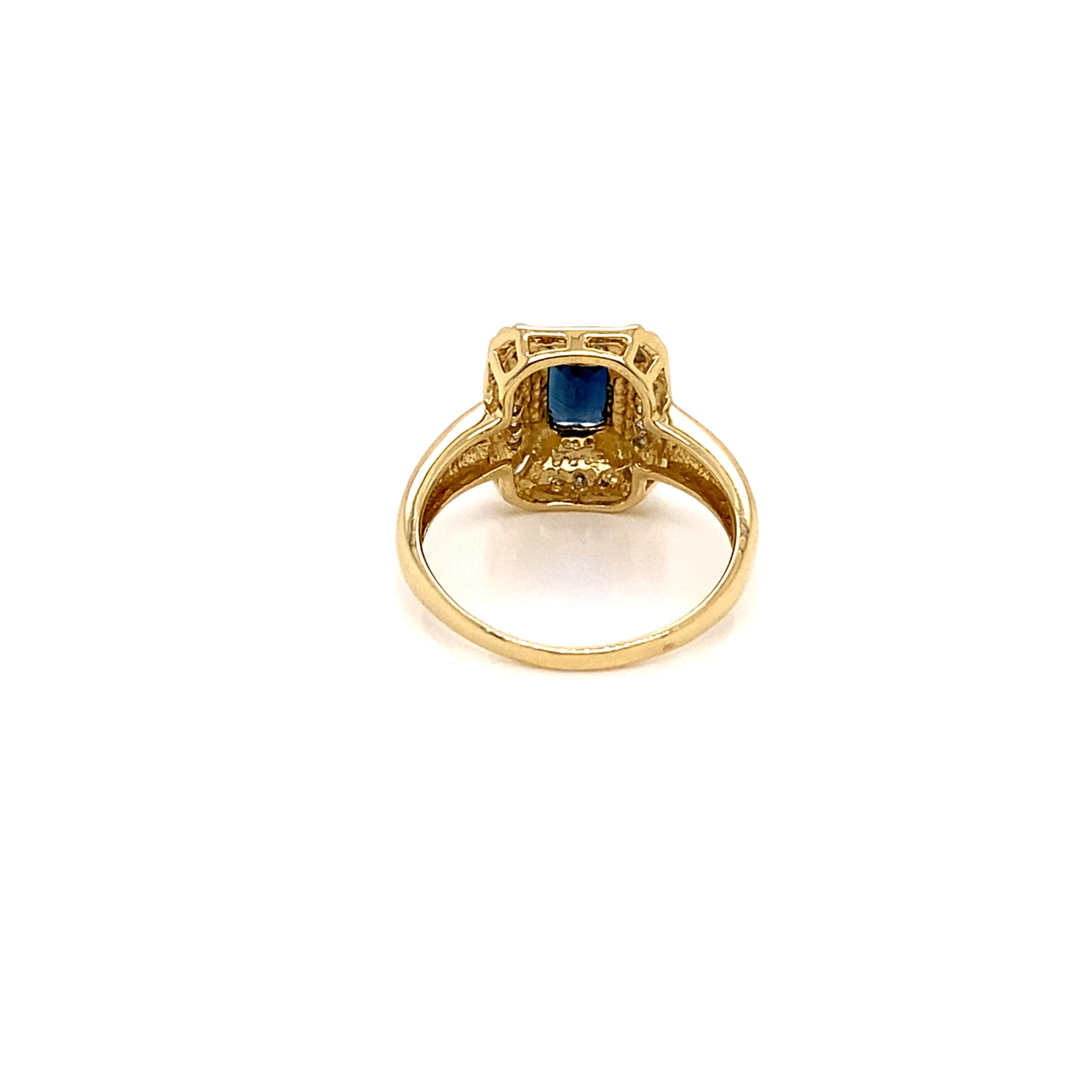 Vintage 14K Yellow Gold Diamond and Emerald Cut Sapphire Dress Ring For Sale 2