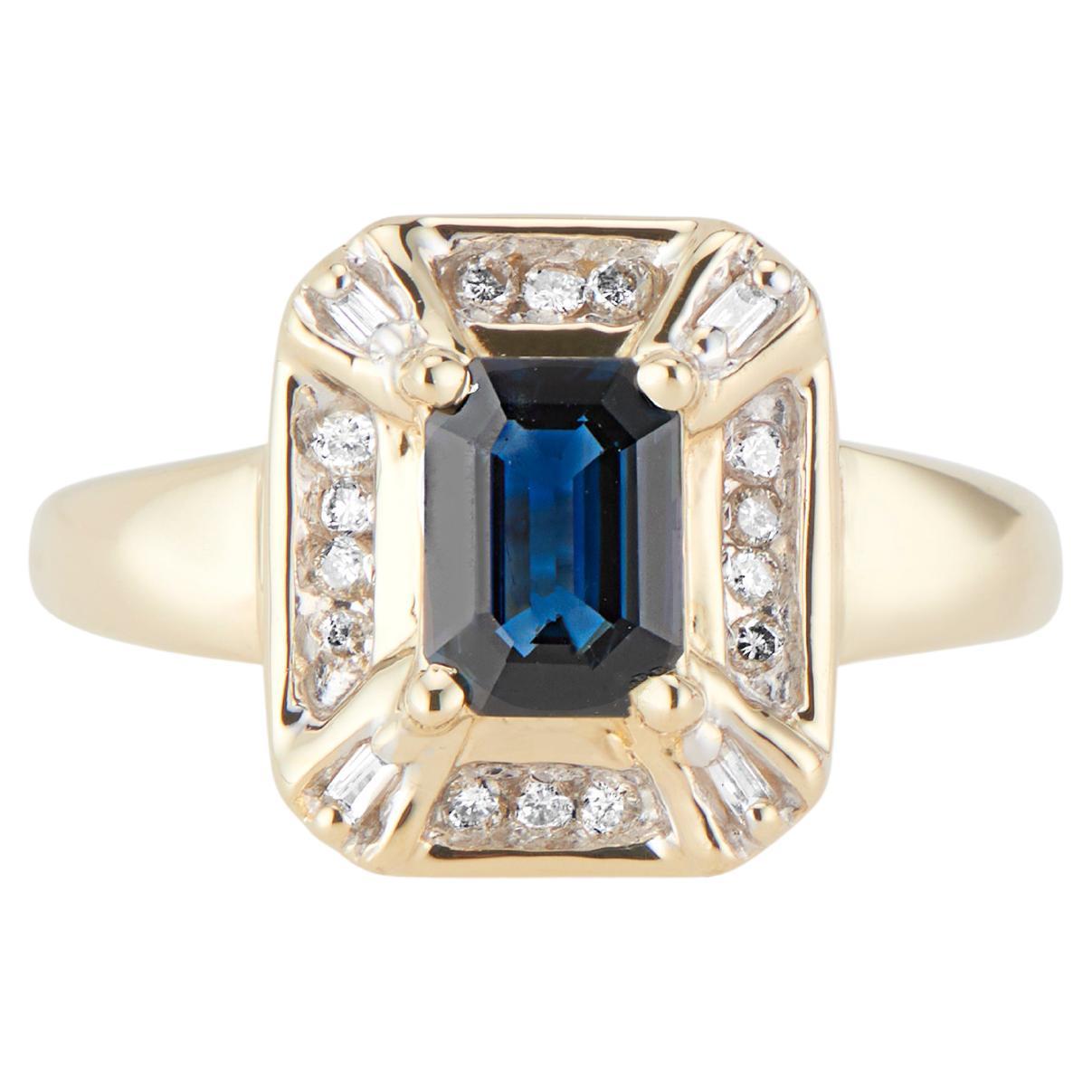 Vintage 14K Yellow Gold Diamond and Emerald Cut Sapphire Dress Ring For Sale