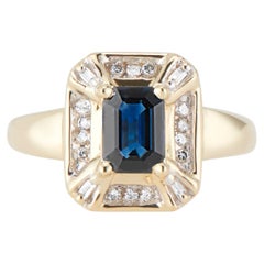 Retro 14K Yellow Gold Diamond and Emerald Cut Sapphire Dress Ring