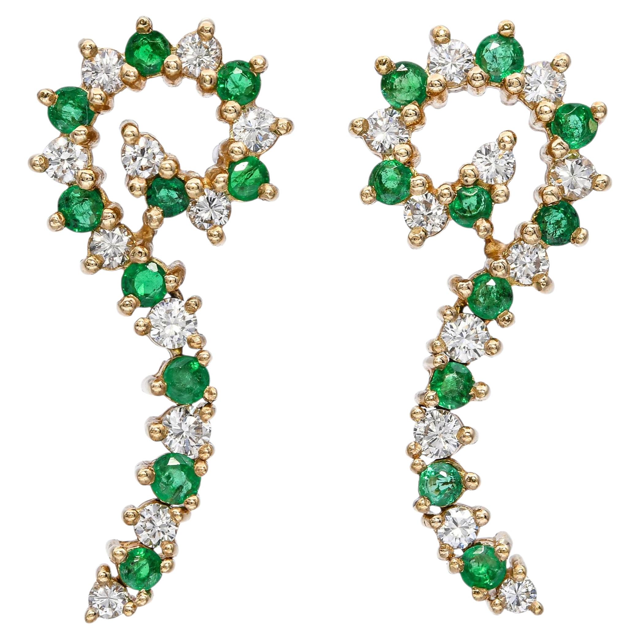 Vintage 14k Yellow Gold Diamond and Emerald Spiral Earrings