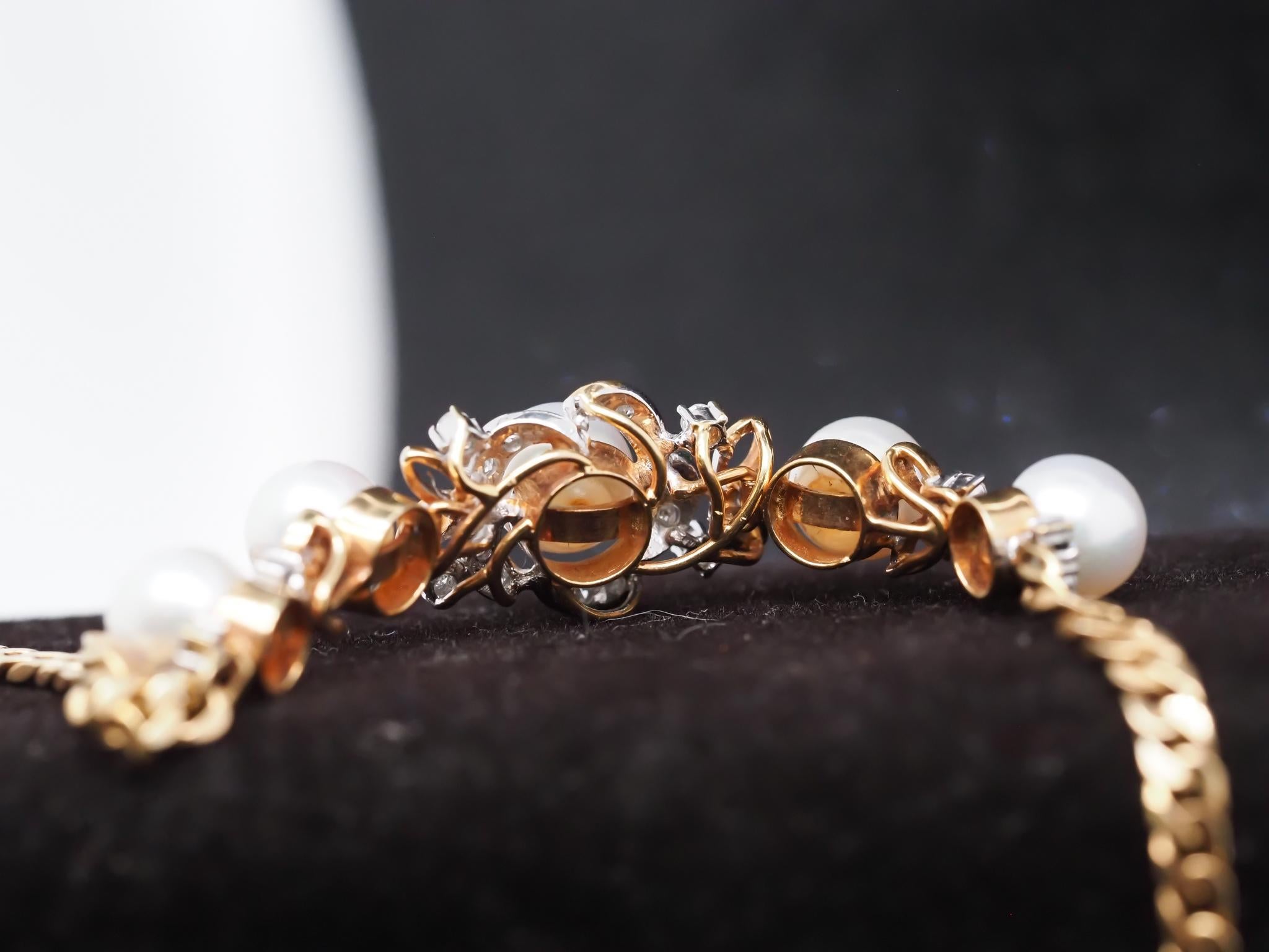 Women's Vintage 14K Yellow Gold Diamond and Pearl Bracelet For Sale