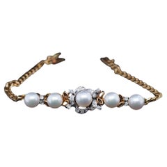 Bracciale vintage in oro giallo 14K con diamanti e perle