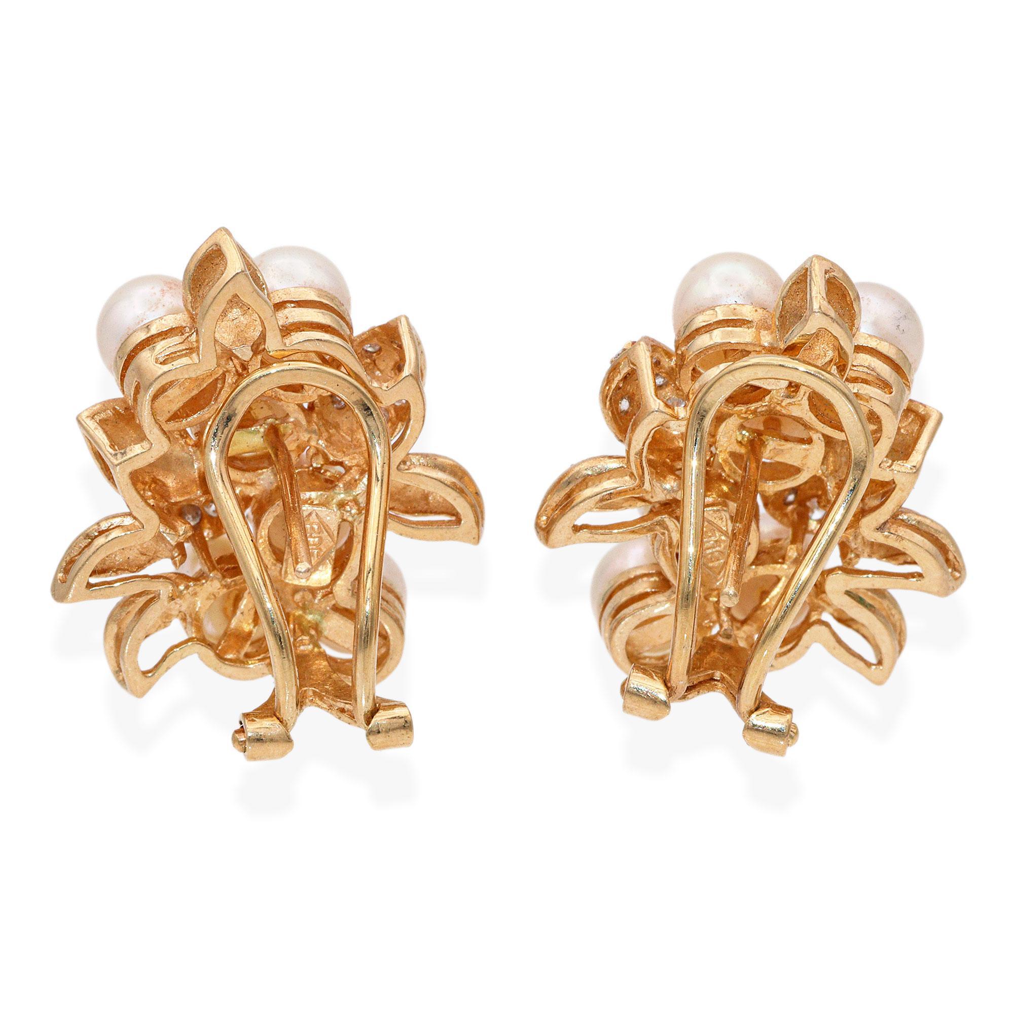 Vintage 14k Gelbgold Diamant und Perle floralen Ohrringe im Zustand „Gut“ im Angebot in New York, NY