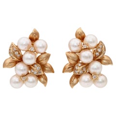 Vintage 14k Gelbgold Diamant und Perle floralen Ohrringe