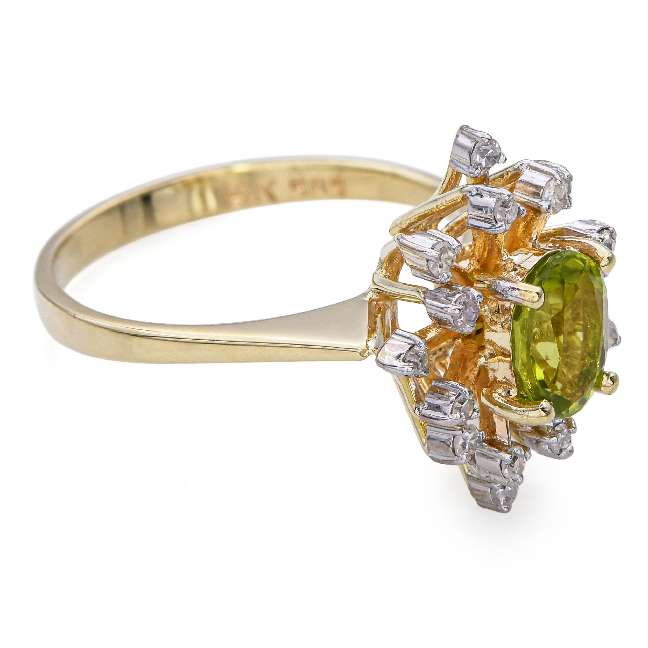Bague vintage en or jaune 14k avec diamant et péridot en vente 3
