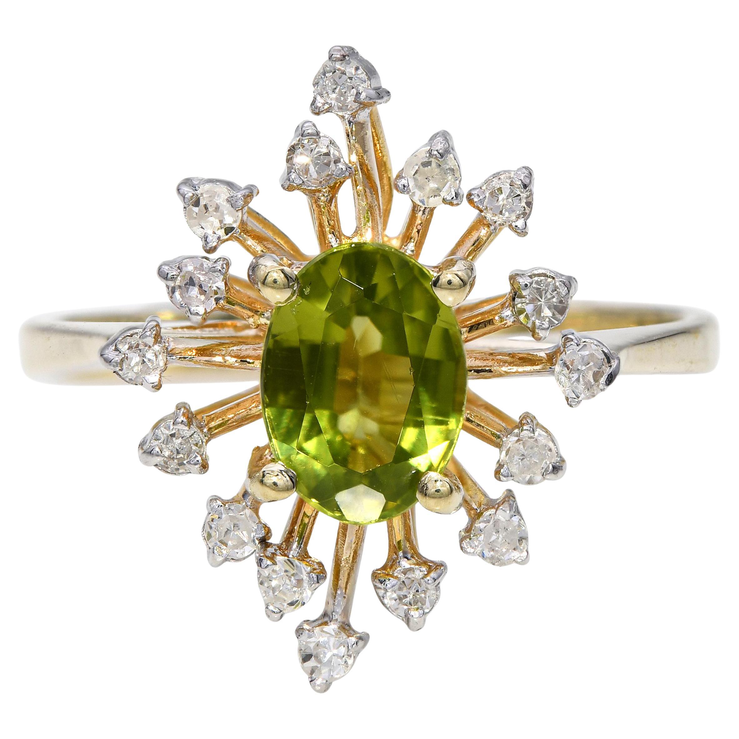 Bague vintage en or jaune 14k avec diamant et péridot
