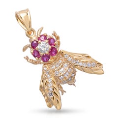 Vintage-Anhänger-Brosche aus 14-karätigem Gelbgold mit Diamanten und Rubinen in Bienenform