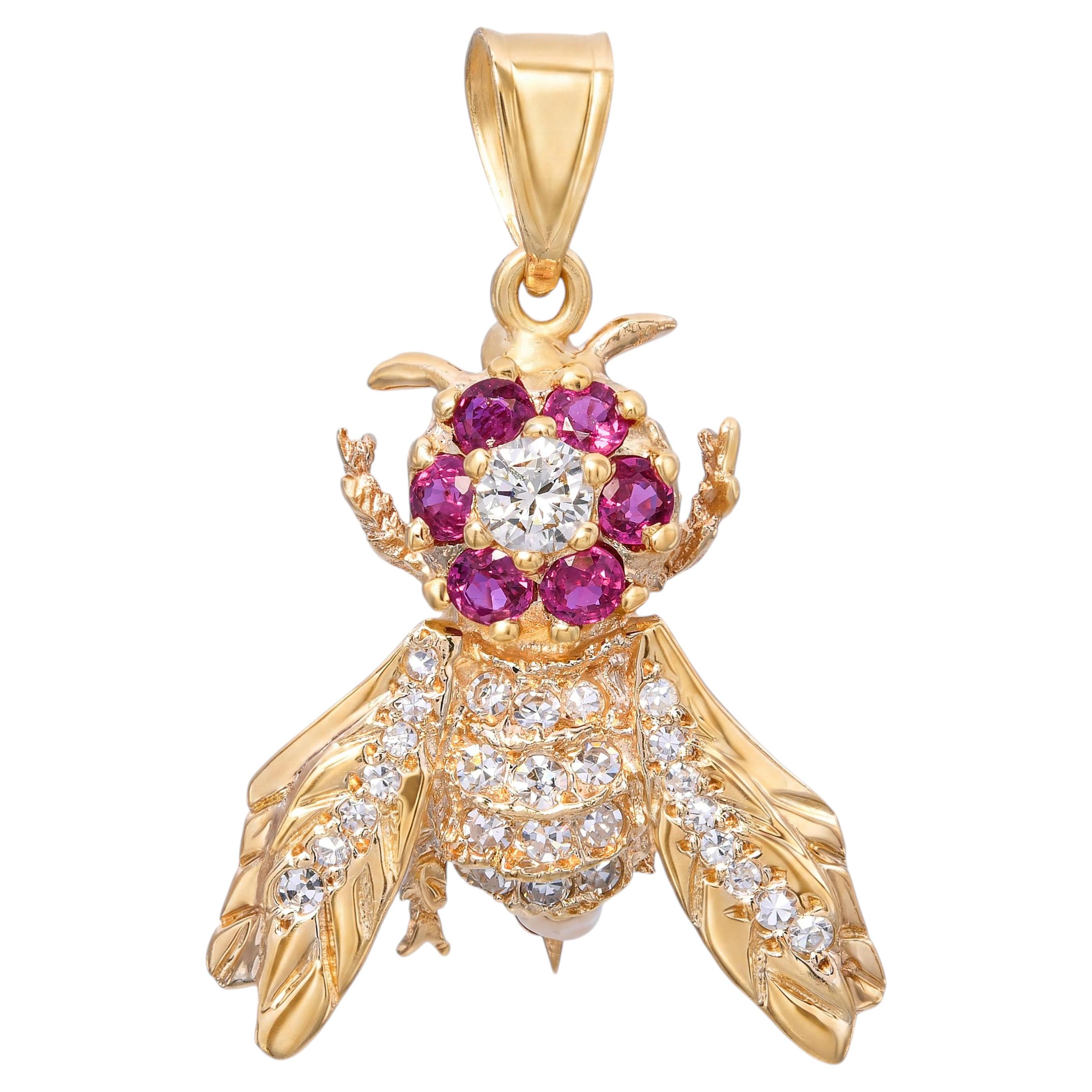 Vintage 14k Yellow Gold Diamond and Ruby Bee Pendant Brooch