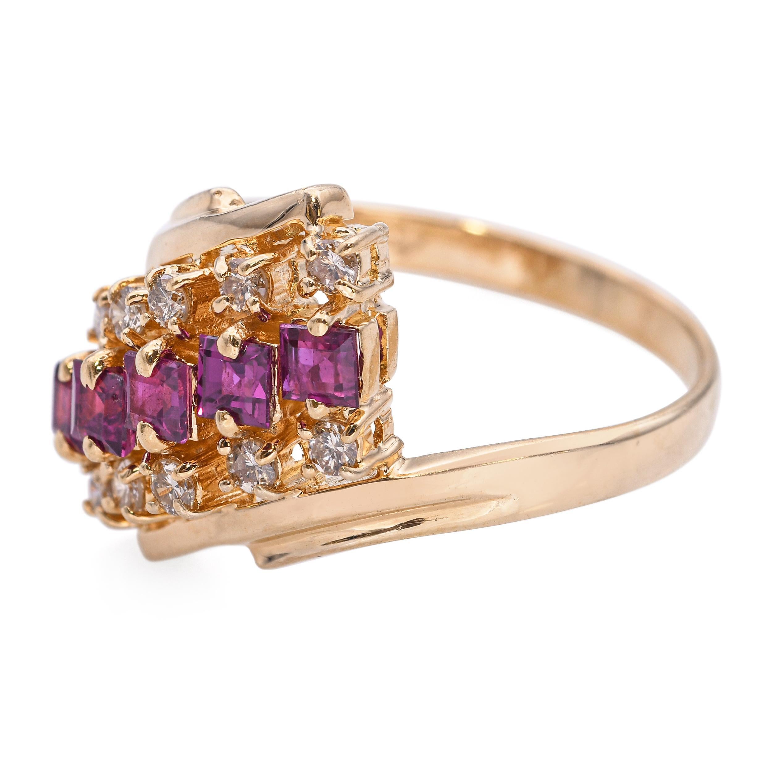 Vintage 14k Yellow Gold Diamond and Ruby Bypass Ring In Good Condition For Sale In New York, NY