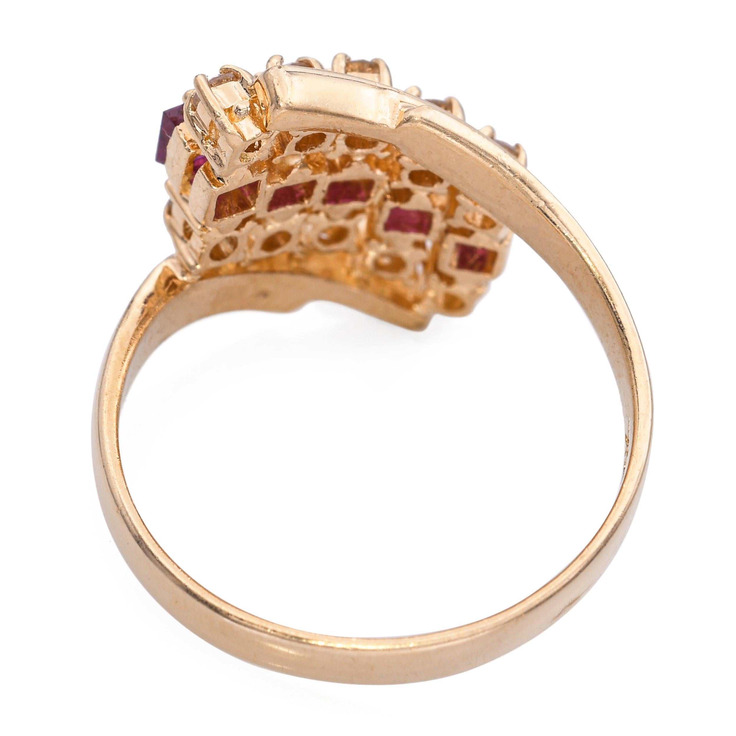 Women's Vintage 14k Yellow Gold Diamond and Ruby Bypass Ring For Sale