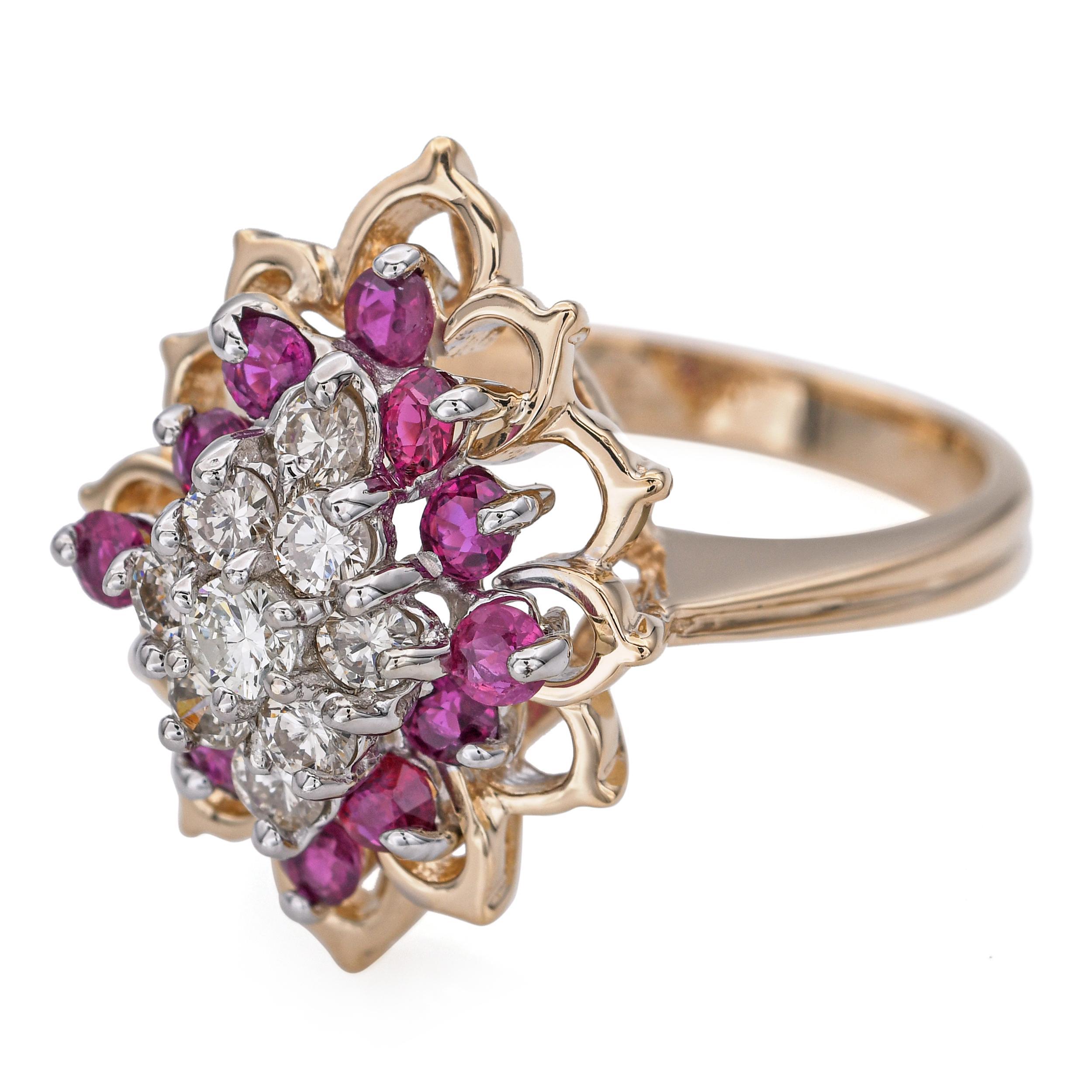 Vintage 14k Yellow Gold Diamond and Ruby Cluster Ring In Good Condition For Sale In New York, NY