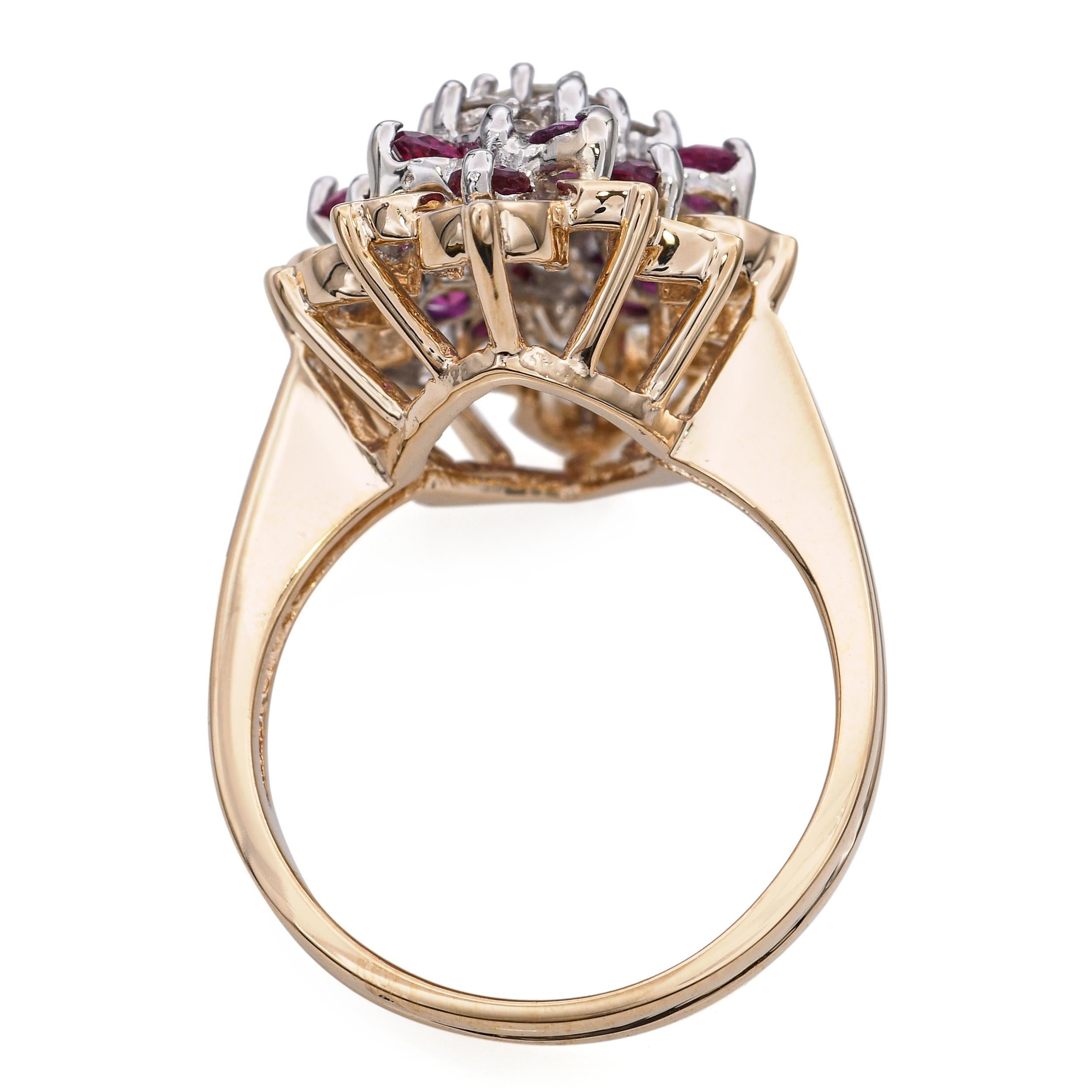 Women's Vintage 14k Yellow Gold Diamond and Ruby Cluster Ring For Sale