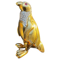 Vintage 14K Yellow Gold Diamond and Ruby Penguin Brooch