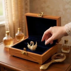 Vintage 14K Yellow Gold Swan Brooch with Diamonds and Rubies