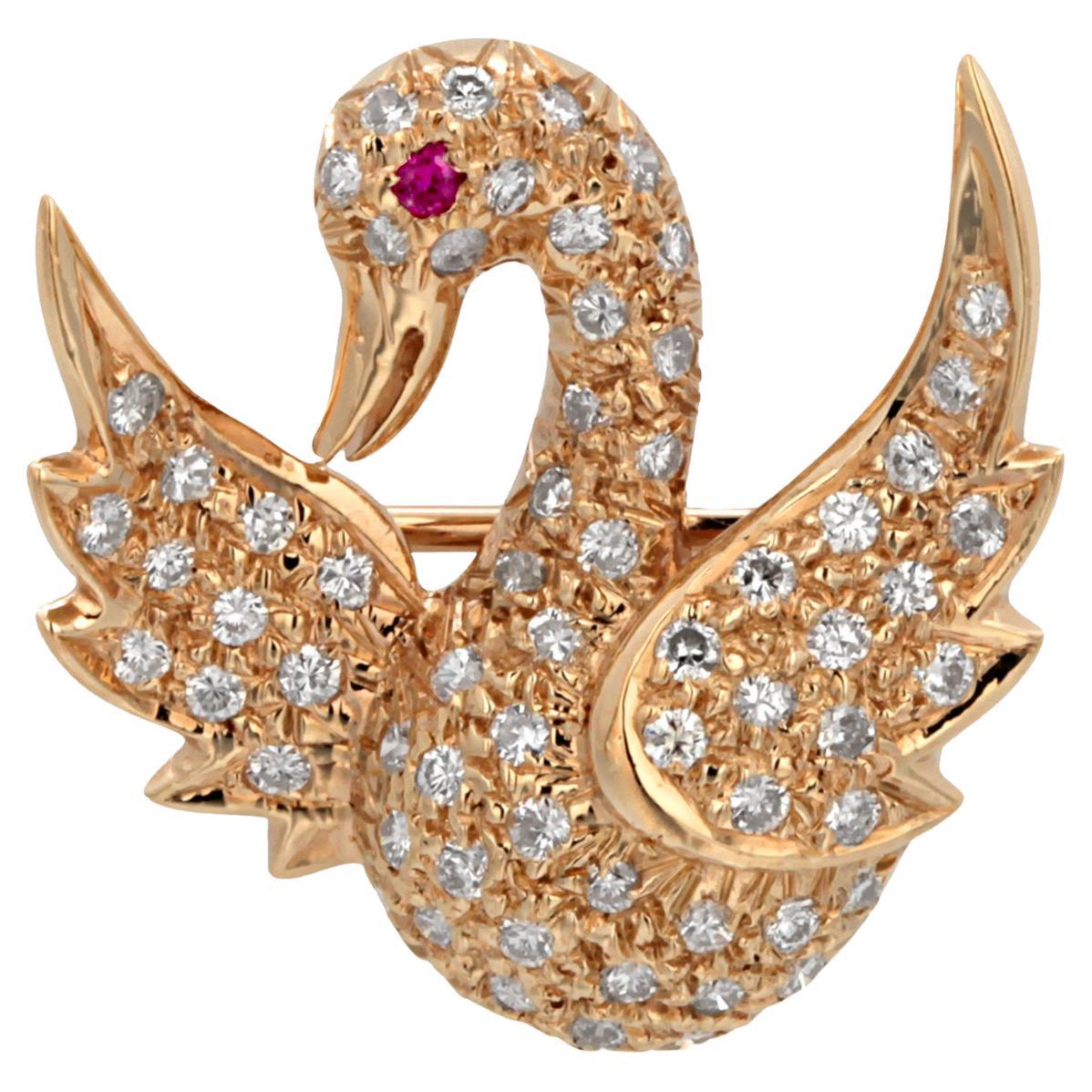 Vintage 14K Gelbgold Diamant und Rubin Schwan Anhänger Brosche