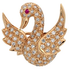 Vintage 14K Yellow Gold Diamond and Ruby Swan Pendant Brooch