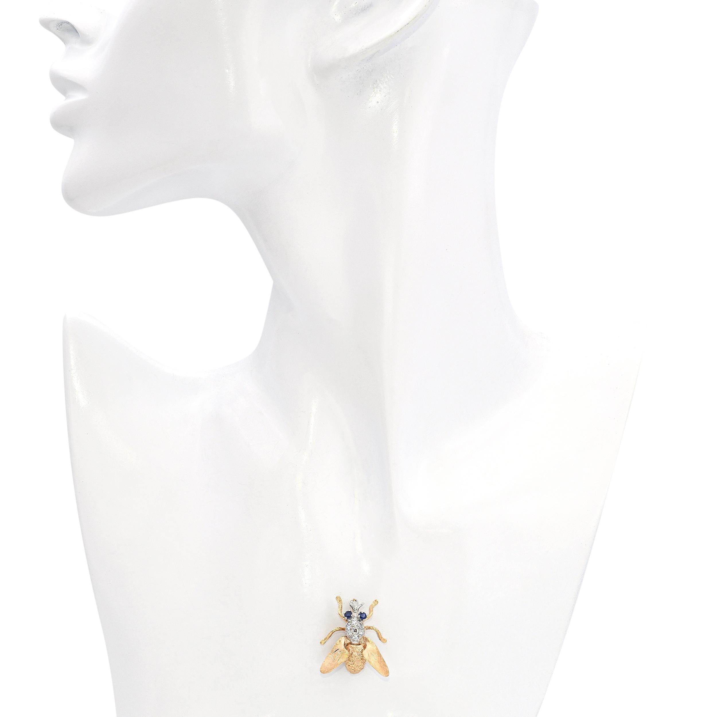 Round Cut Vintage 14k Yellow Gold Diamond and Sapphire Bumblebee Brooch For Sale