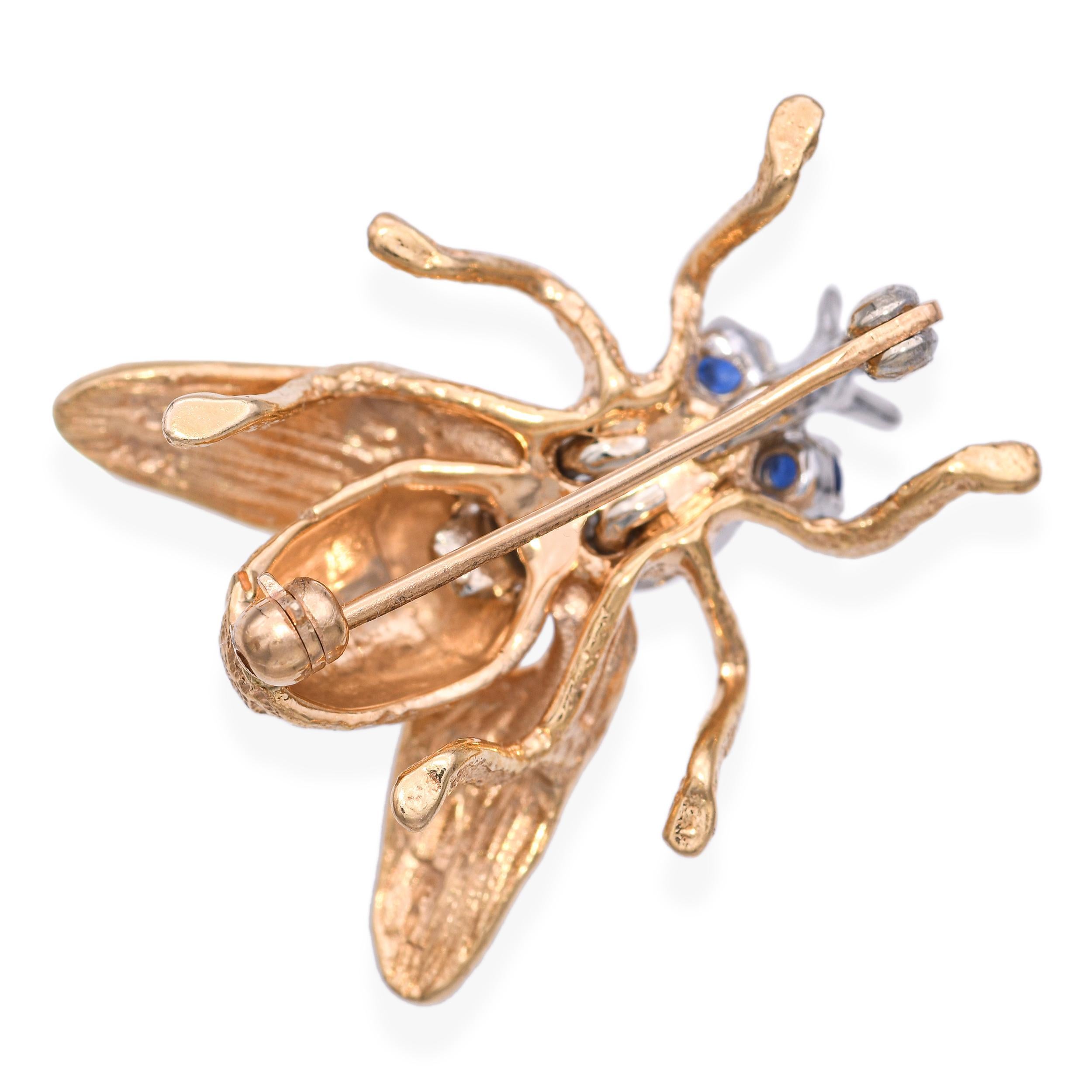 Women's Vintage 14k Yellow Gold Diamond and Sapphire Bumblebee Brooch For Sale