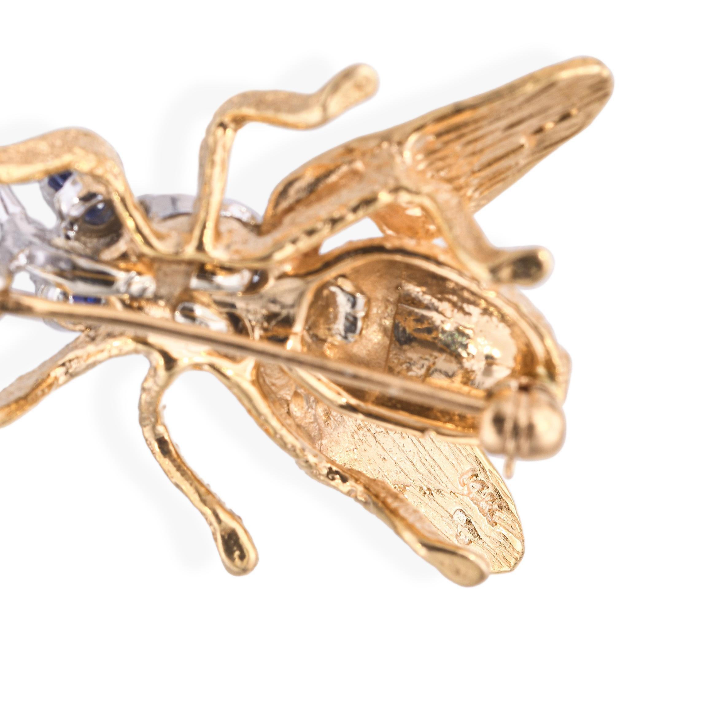 Vintage 14k Yellow Gold Diamond and Sapphire Bumblebee Brooch For Sale 1