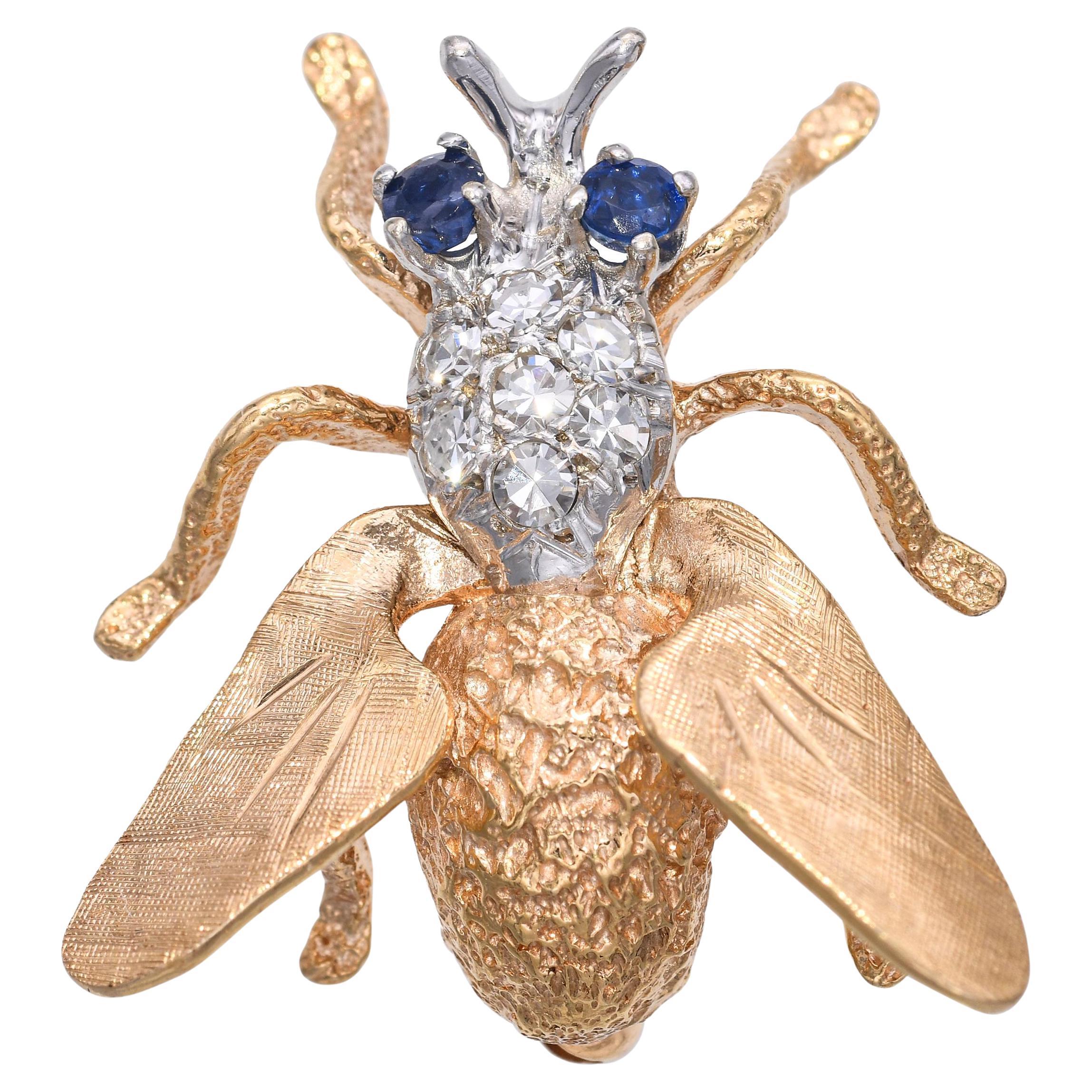 Vintage 14k Yellow Gold Diamond and Sapphire Bumblebee Brooch For Sale