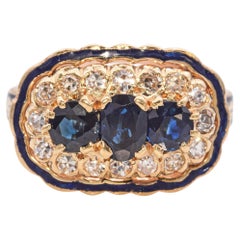 Bague vintage en or jaune 14 carats, diamants et émail de saphirs