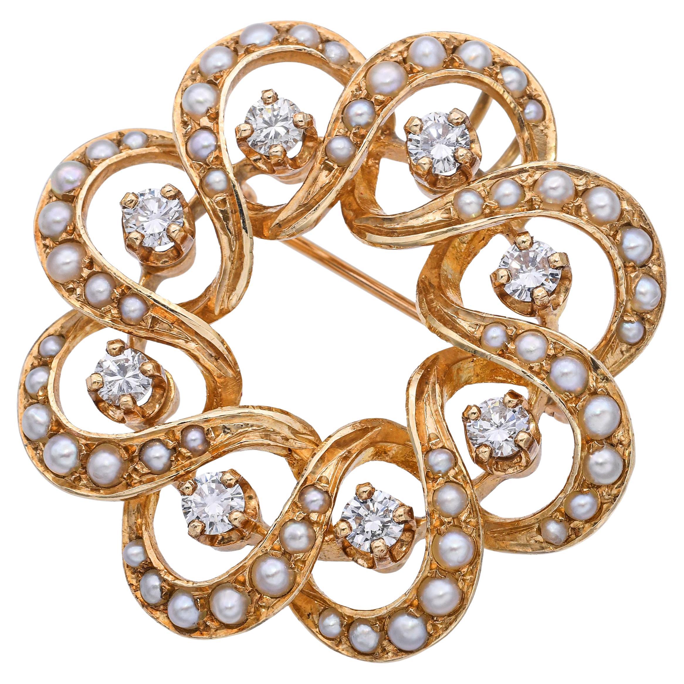 Spilla vintage in oro giallo 14k con diamanti e perle di seme a cerchio concentrico Looping