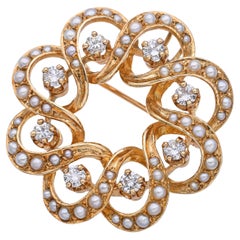 Vintage 14k Yellow Gold Diamond and Seed Pearl Concentric Loop Circle Brooch