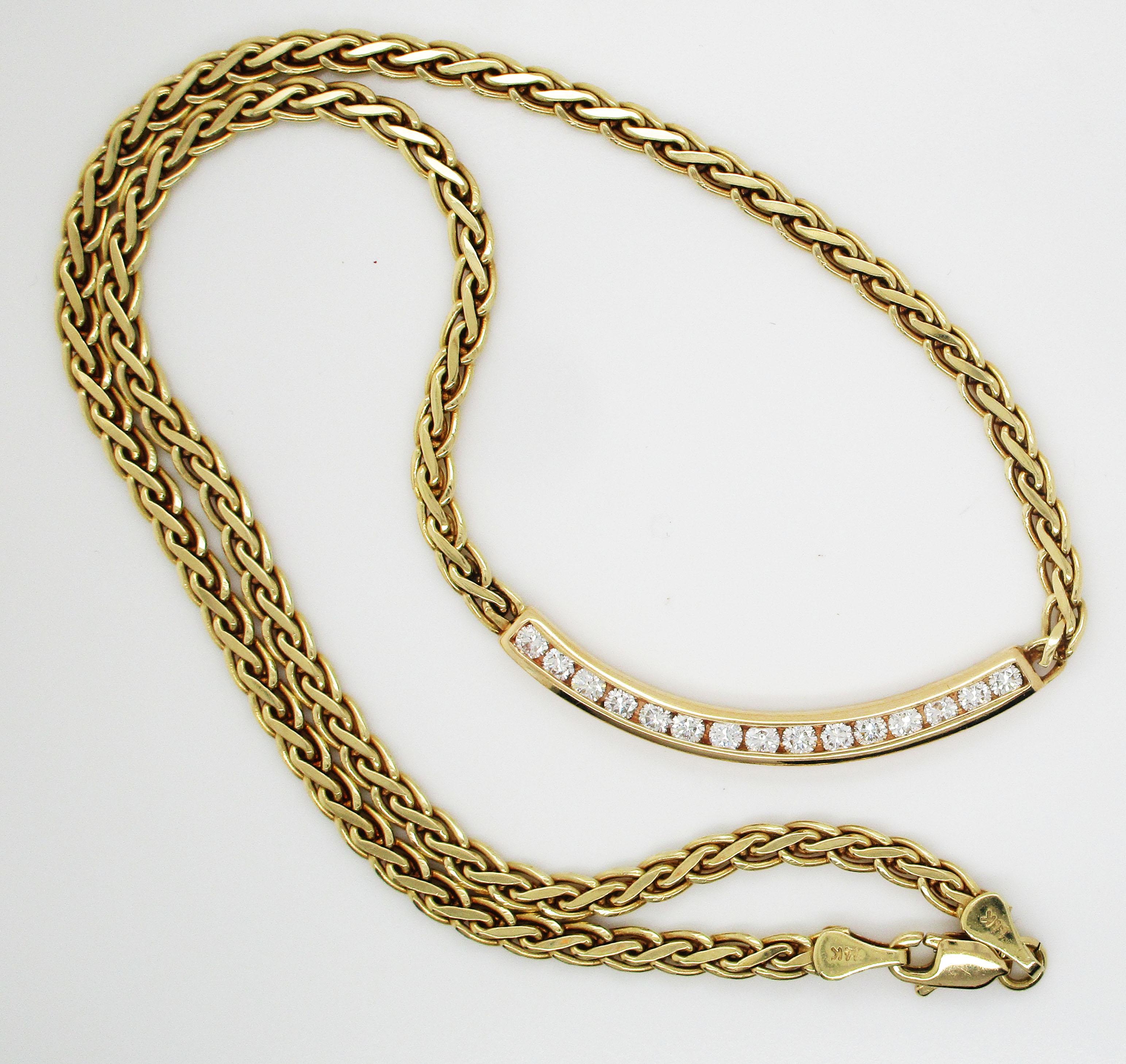 Round Cut Vintage 14 Karat Yellow Gold Diamond Bar Necklace