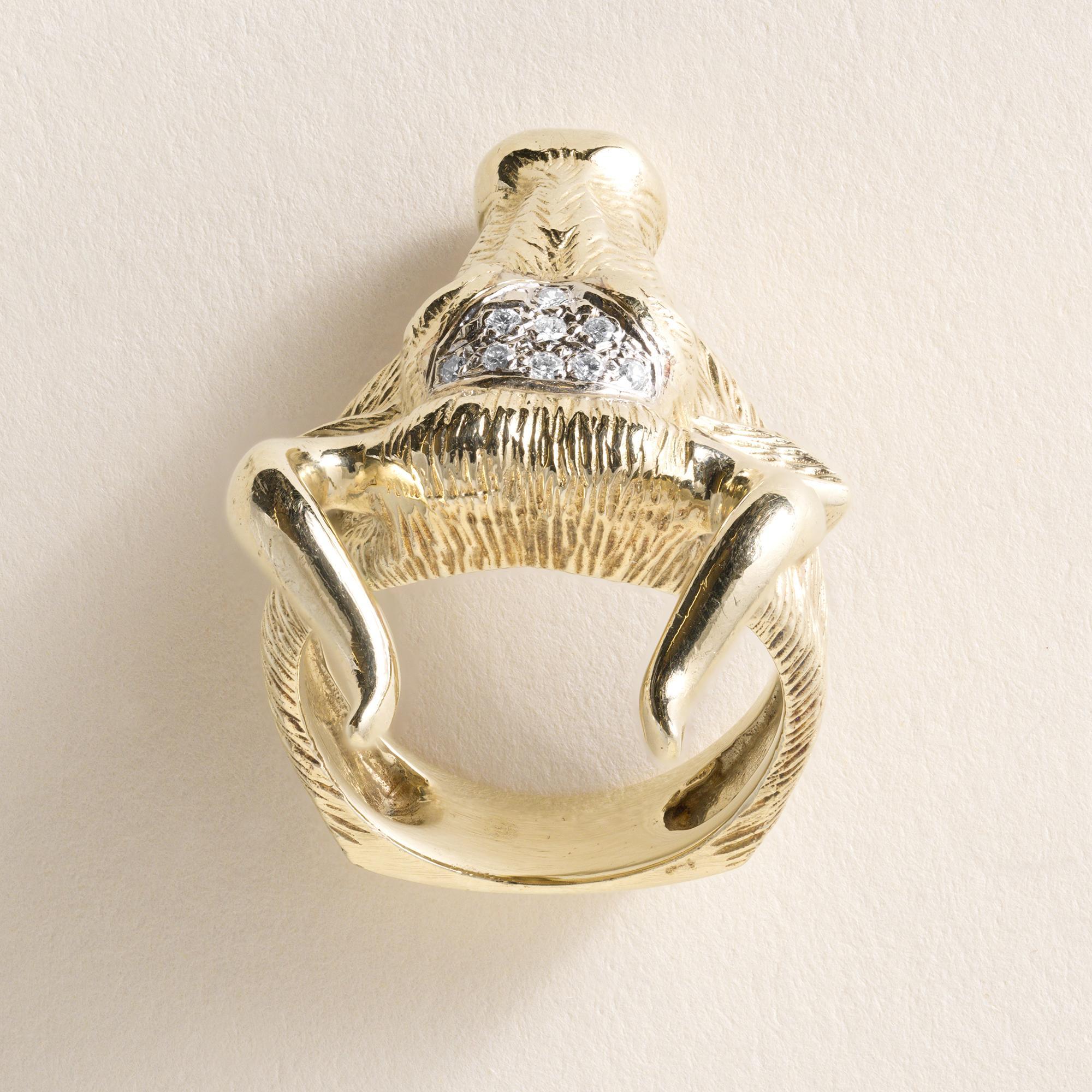 Vintage 14K Gelbgold Diamant Stierkopf mit Hörnern Ring im Zustand „Hervorragend“ im Angebot in Los Angeles, CA