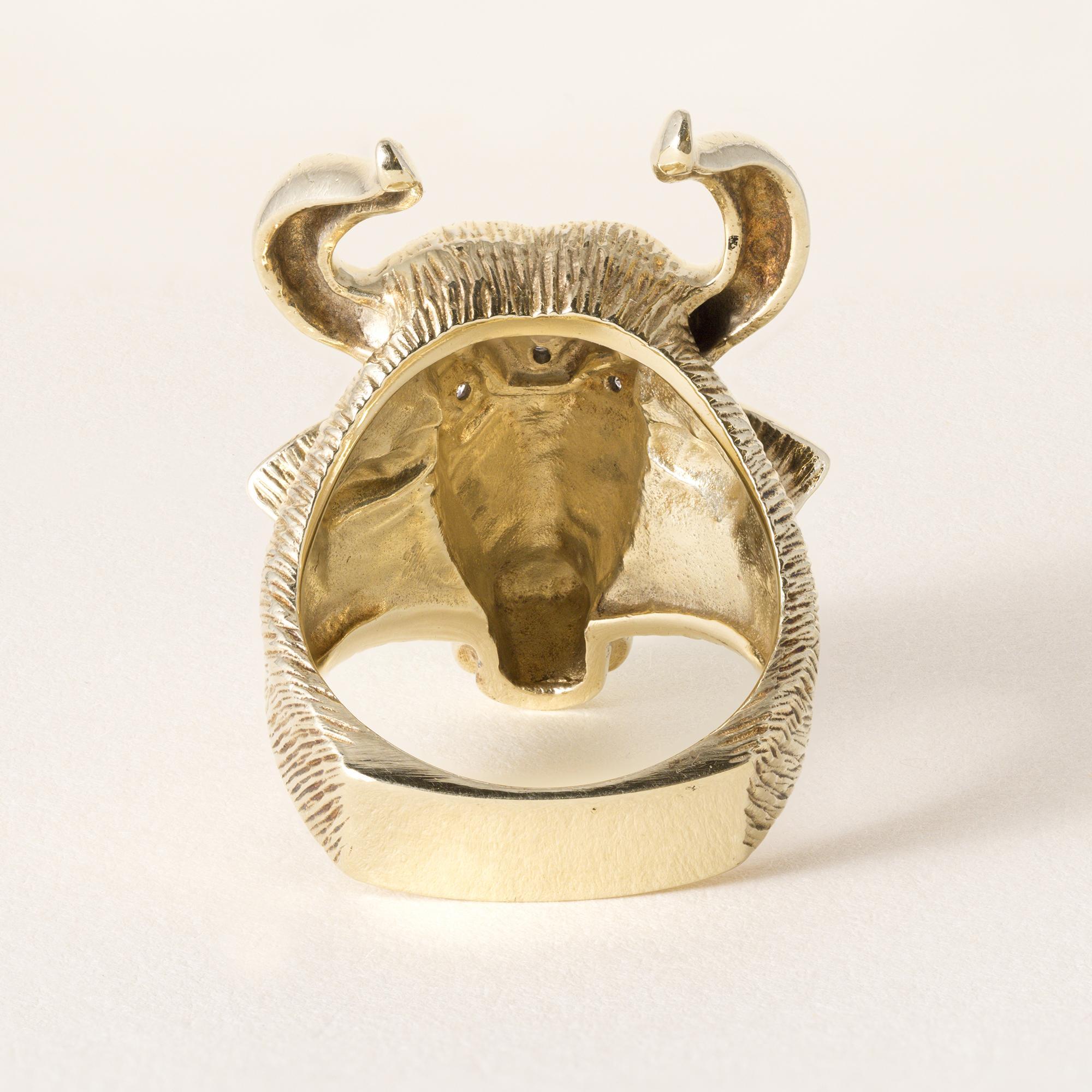 Vintage 14K Gelbgold Diamant Stierkopf mit Hörnern Ring Damen im Angebot